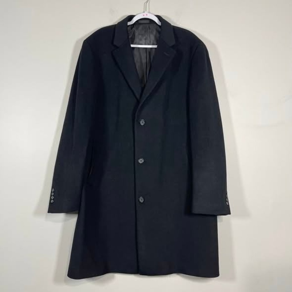 Geoffrey Beene Wool Blend Trench‎ Coat Mens 48XL Black Overcoat 3 Button Classic